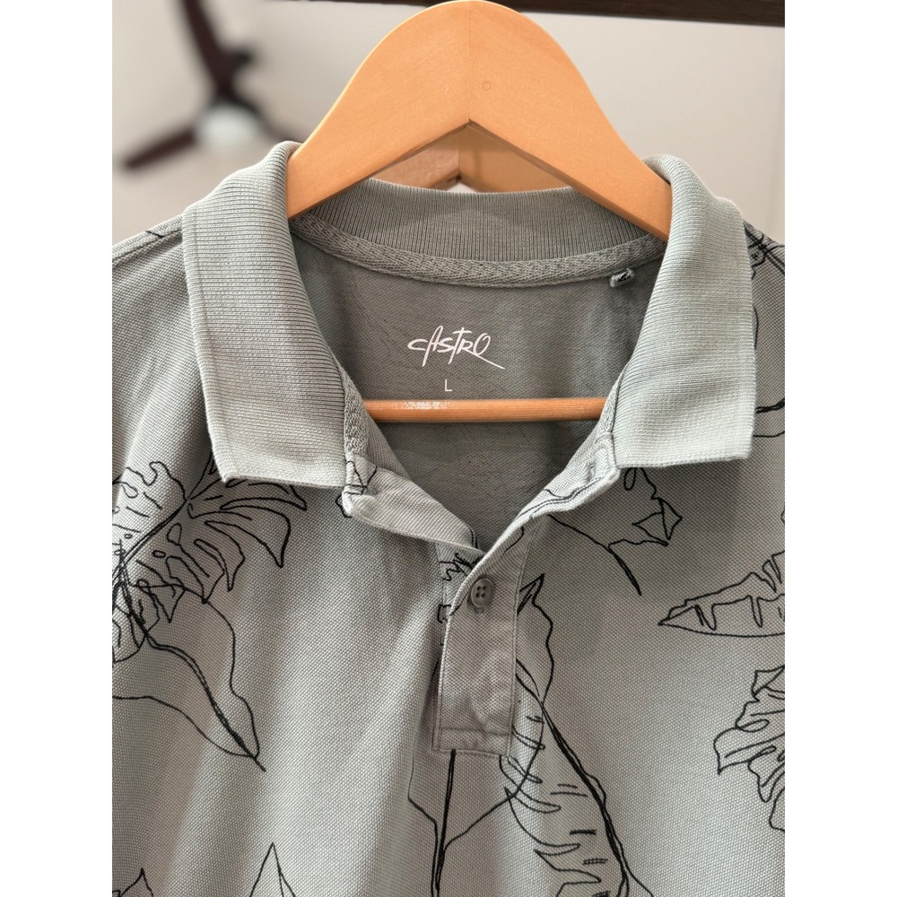 ASTRO Men's Gray Leaf Print Pima Cotton Polo Shirt Size L - Picture 5 of 8
